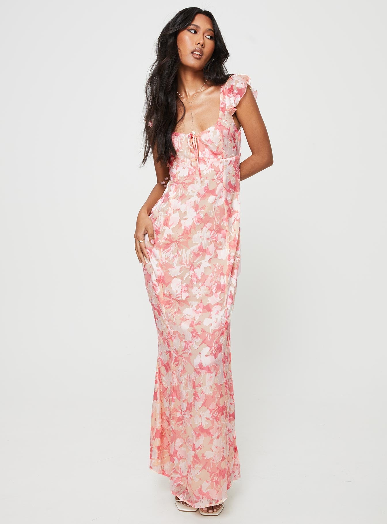 Julianne Flutter Sleeve Maxi Dress Pink Multi