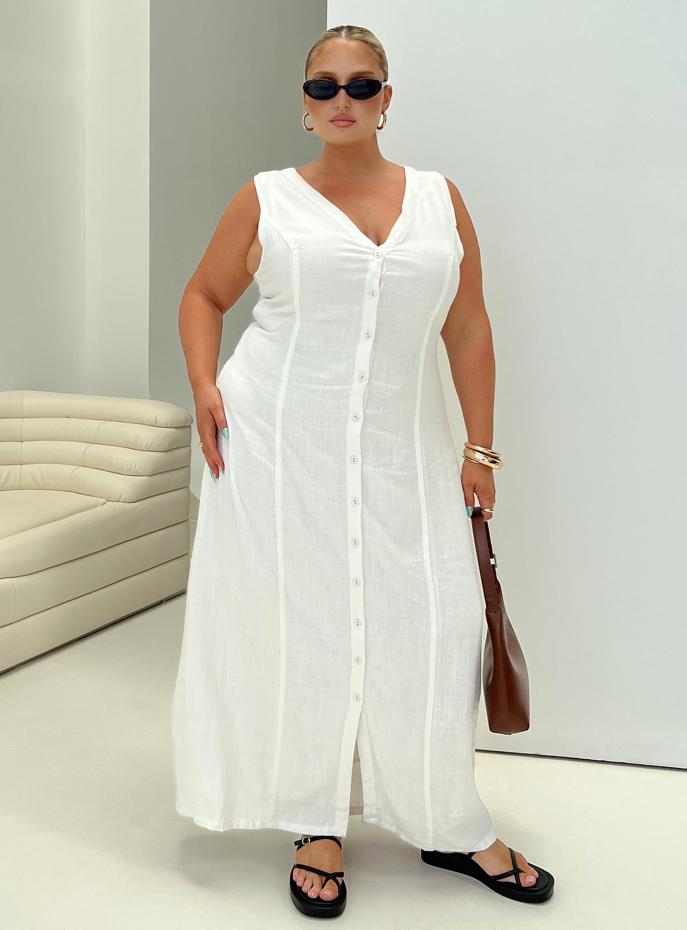 Summer Season Linen Blend Maxi Dress White Curve